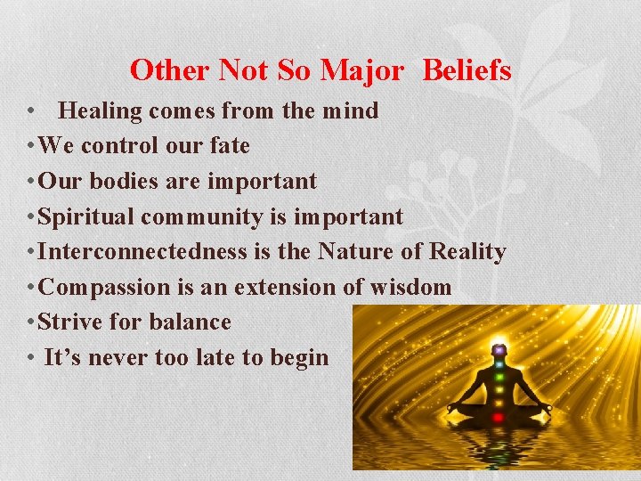 Other Not So Major Beliefs • Healing comes from the mind • We control