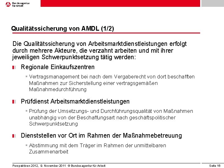 Qualitätssicherung von AMDL (1/2) Die Qualitätssicherung von Arbeitsmarktdienstleistungen erfolgt durch mehrere Akteure, die verzahnt