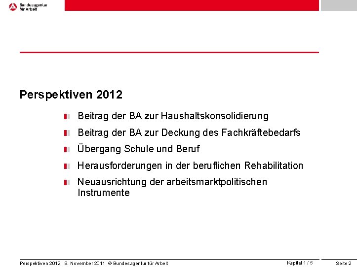 Perspektiven 2012 Beitrag der BA zur Haushaltskonsolidierung Beitrag der BA zur Deckung des Fachkräftebedarfs