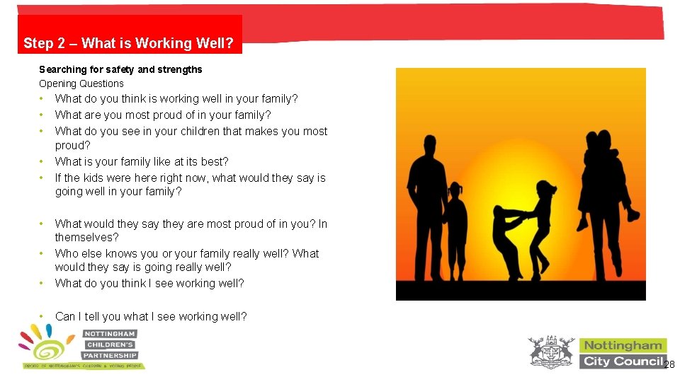 Step 2 – What is Working Well? Searching for safety and strengths Opening Questions