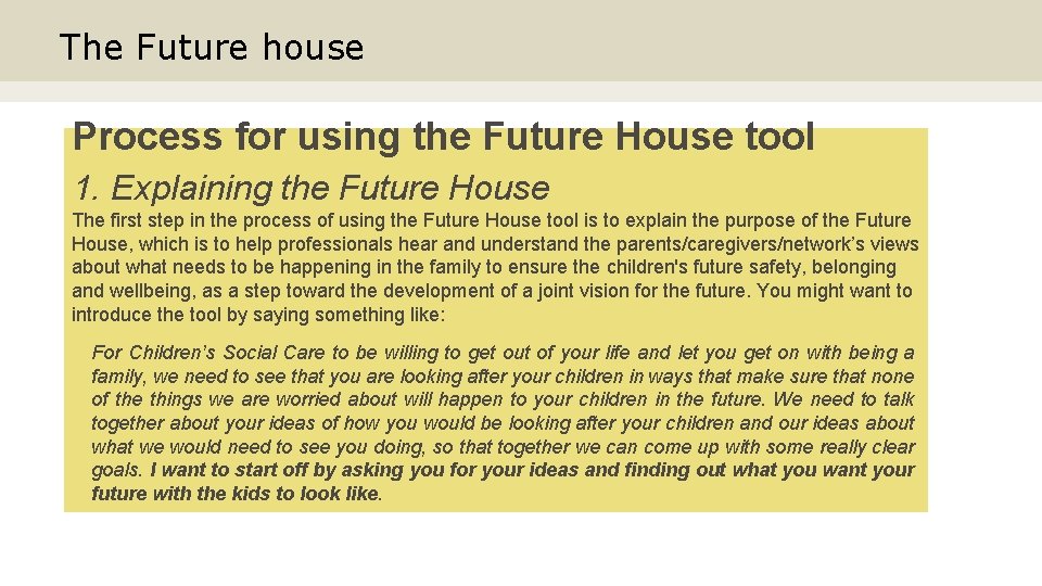 The Future house Process for using the Future House tool 1. Explaining the Future