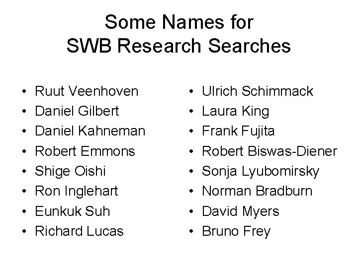 Some Names for SWB Research Searches • • Ruut Veenhoven Daniel Gilbert Daniel Kahneman