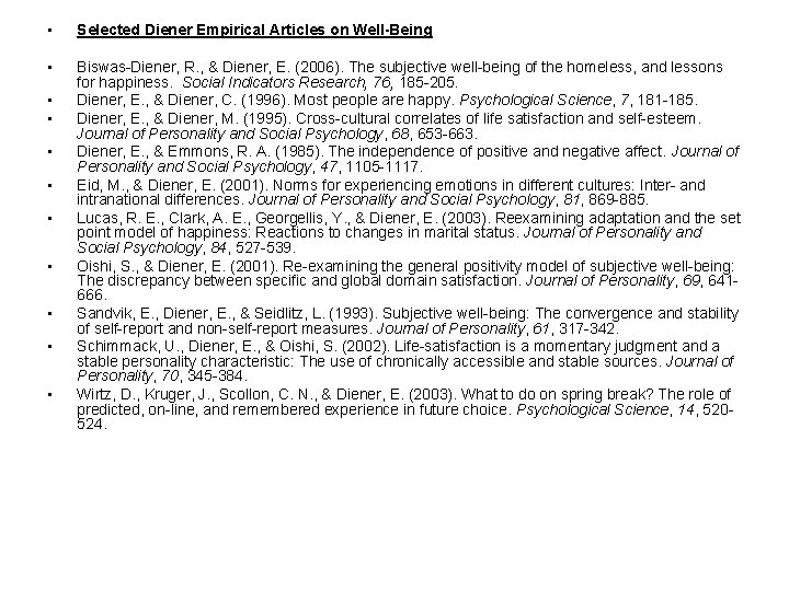  • Selected Diener Empirical Articles on Well-Being • Biswas-Diener, R. , & Diener,