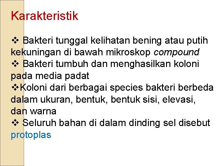 Karakteristik v Bakteri tunggal kelihatan bening atau putih kekuningan di bawah mikroskop compound v
