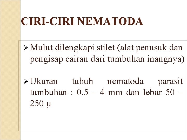 CIRI-CIRI NEMATODA Ø Mulut dilengkapi stilet (alat penusuk dan pengisap cairan dari tumbuhan inangnya)