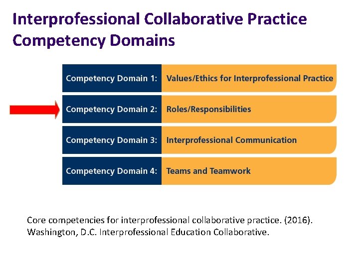Interprofessional Collaborative Practice Competency Domains Core competencies for interprofessional collaborative practice. (2016). Washington, D.