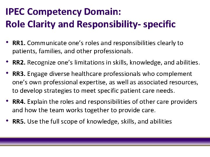IPEC Competency Domain: Role Clarity and Responsibility- specific • RR 1. Communicate one’s roles