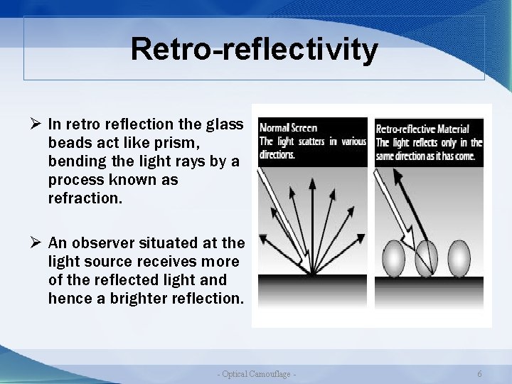 Retro-reflectivity Ø In retro reflection the glass beads act like prism, bending the light