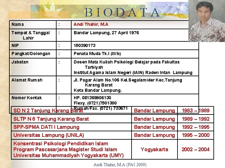 BIODATA Nama : Andi Thahir, M. A Tempat & Tanggal Lahir : Bandar Lampung,