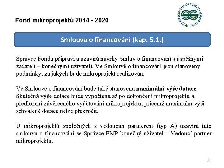 Fond mikroprojektů 2014 - 2020 Smlouva o financování (kap. 5. 1. ) Správce Fondu