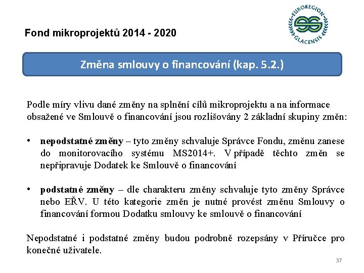 Fond mikroprojektů 2014 - 2020 Změna smlouvy o financování (kap. 5. 2. ) Podle