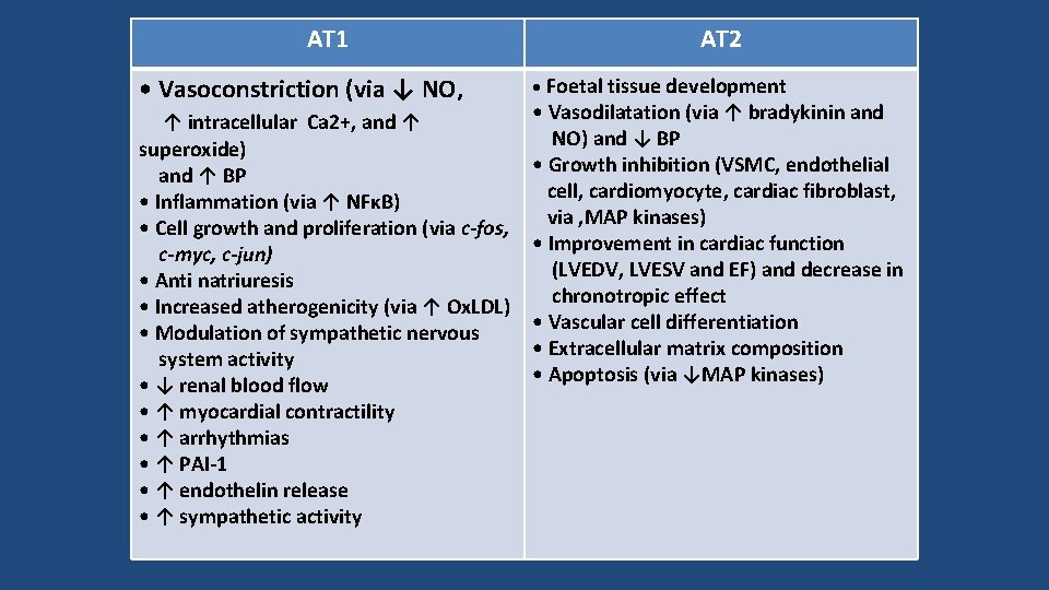 AT 1 • Vasoconstriction (via ↓ NO, ↑ intracellular Ca 2+, and ↑ superoxide)