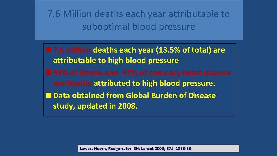 7. 6 Million deaths each year attributable to suboptimal blood pressure n 7. 6