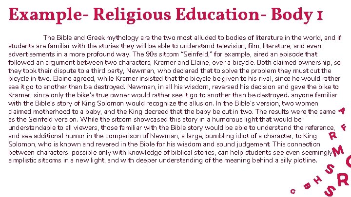 Example- Religious Education- Body 1 The Bible and Greek mythology are the two most