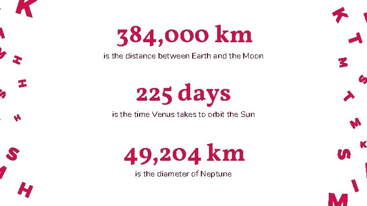 384, 000 km is the distance between Earth and the Moon 225 days is