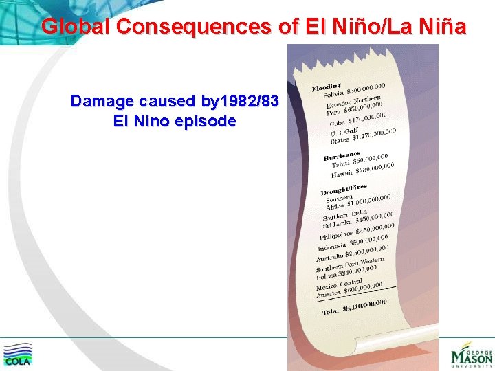 Global Consequences of El Niño/La Niña Damage caused by 1982/83 El Nino episode 