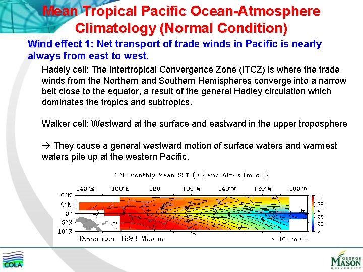 Mean Tropical Pacific Ocean-Atmosphere Climatology (Normal Condition) Wind effect 1: Net transport of trade
