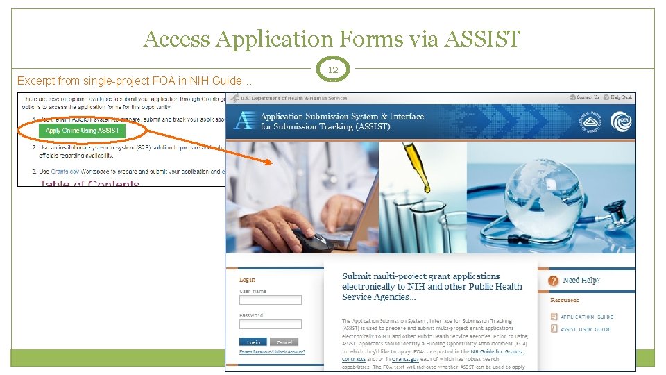 Access Application Forms via ASSIST Excerpt from single-project FOA in NIH Guide… 12 