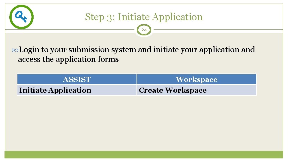 Step 3: Initiate Application 24 Login to your submission system and initiate your application