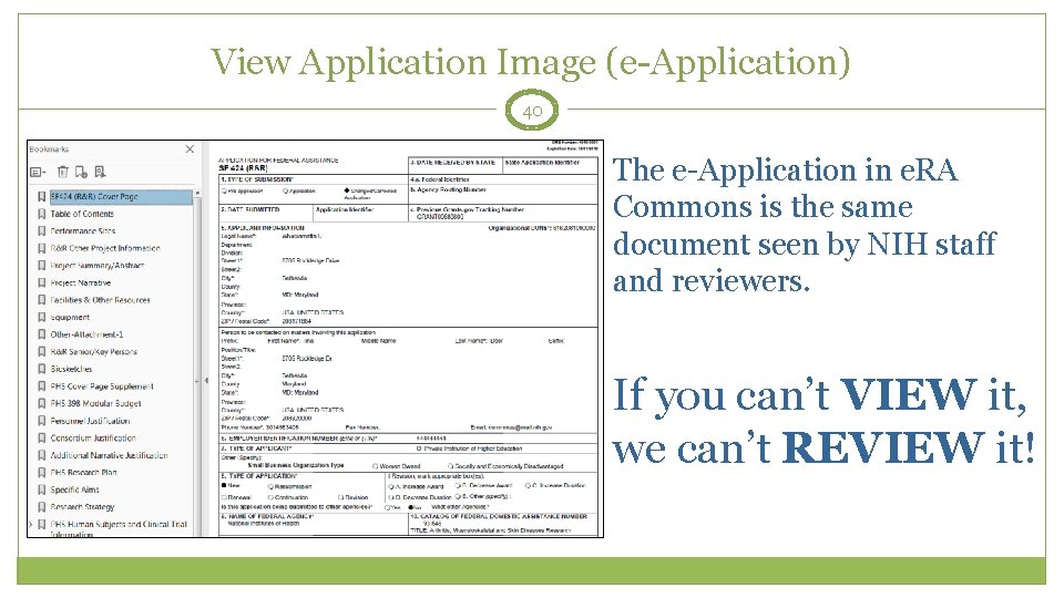 View Application Image (e-Application) 40 The e-Application in e. RA Commons is the same