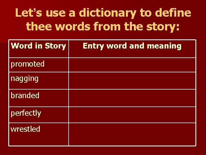 Let’s use a dictionary to define thee words from the story: Word in Story