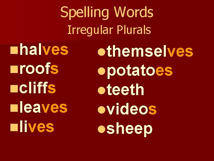 Spelling Words Irregular Plurals nhalves nroofs ncliffs nleaves nlives lthemselves lpotatoes lteeth lvideos lsheep