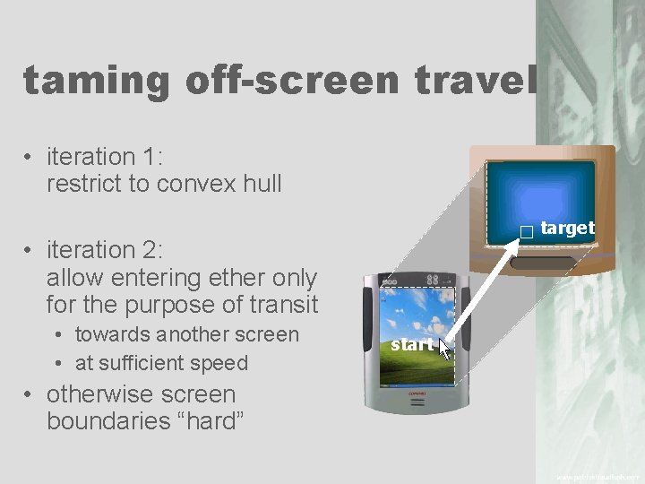 taming off-screen travel • iteration 1: restrict to convex hull target • iteration 2: