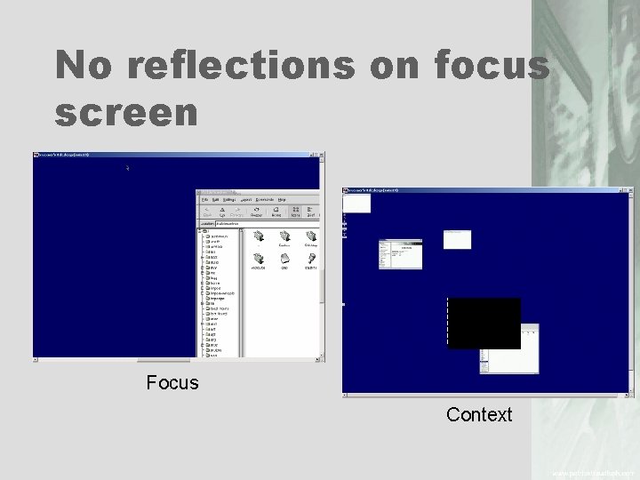 No reflections on focus screen Focus Context 