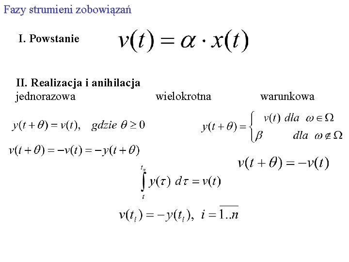 Fazy strumieni zobowiązań I. Powstanie II. Realizacja i anihilacja jednorazowa wielokrotna warunkowa 