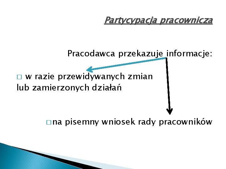 Partycypacja pracownicza Pracodawca przekazuje informacje: w razie przewidywanych zmian lub zamierzonych działań � �