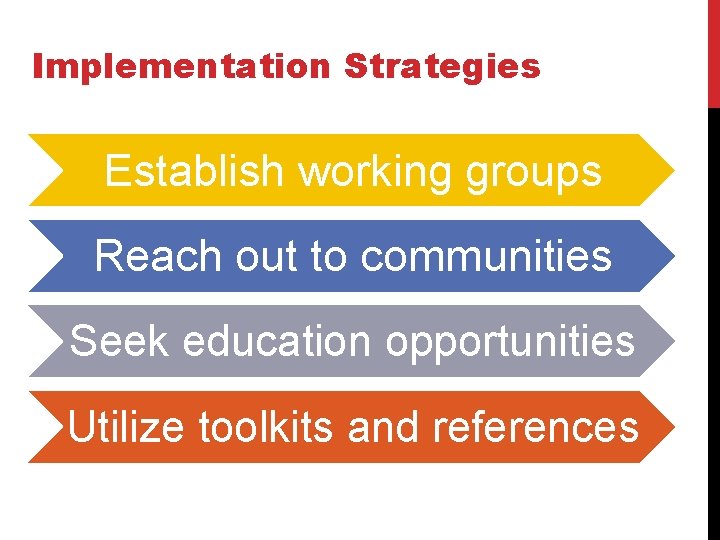 Implementation Strategies Establish working groups Reach out to communities Seek education opportunities Utilize toolkits