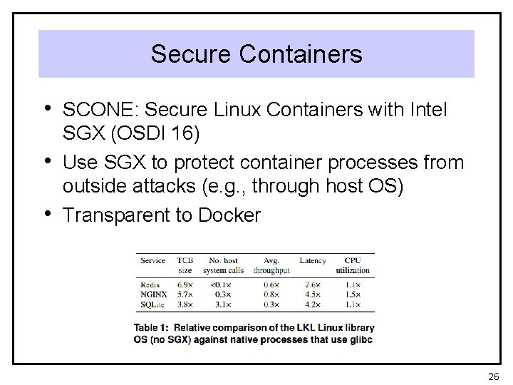 Secure Containers • SCONE: Secure Linux Containers with Intel • • SGX (OSDI 16)