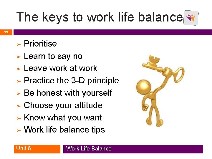 The keys to work life balance 19 Prioritise ➤ Learn to say no ➤ The keys to work life balance 19 Prioritise ➤ Learn to say no ➤