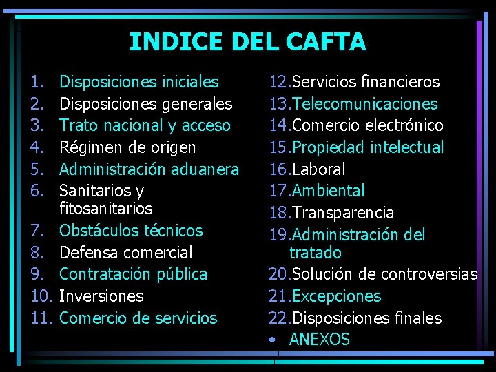 INDICE DEL CAFTA 1. 2. 3. 4. 5. 6. 7. 8. 9. 10. 11.