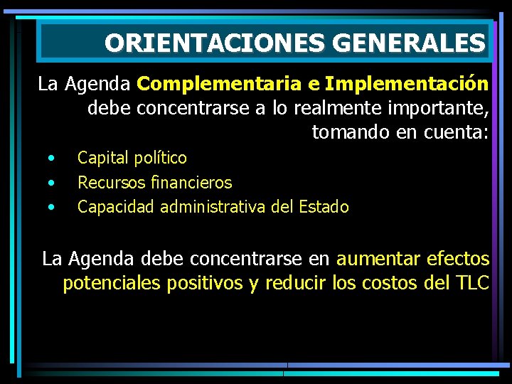 ORIENTACIONES GENERALES La Agenda Complementaria e Implementación debe concentrarse a lo realmente importante, tomando