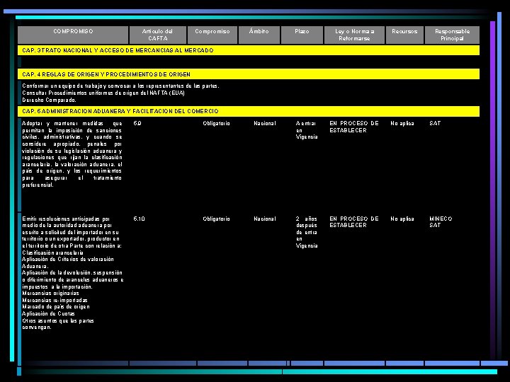 COMPROMISO Artículo del CAFTA Compromiso Ámbito Plazo Ley o Norma a Reformarse Recursos Responsable