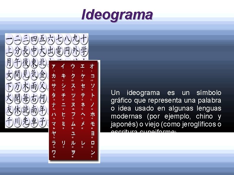 Ideograma Un ideograma es un símbolo gráfico que representa una palabra o idea usado