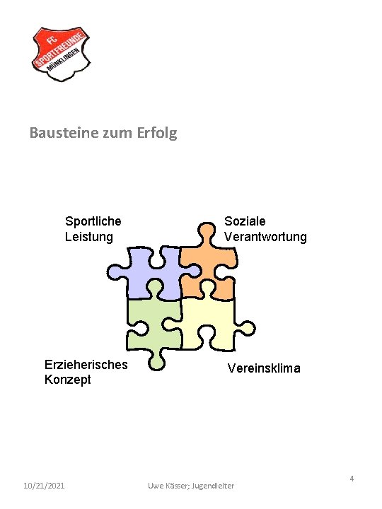 Bausteine zum Erfolg Sportliche Leistung Erzieherisches Konzept 10/21/2021 Soziale Verantwortung Vereinsklima Uwe Kässer; Jugendleiter