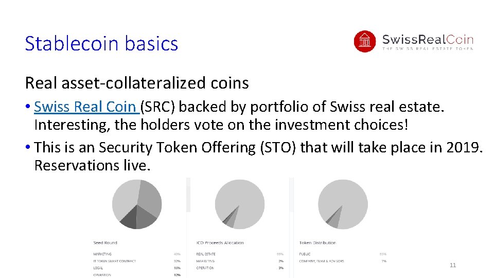 Stablecoin basics Real asset-collateralized coins • Swiss Real Coin (SRC) backed by portfolio of