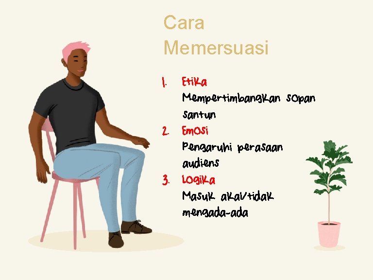 Cara Memersuasi 1. Etika Mempertimbangkan sopan santun 2. Emosi Pengaruhi perasaan audiens 3. Logika