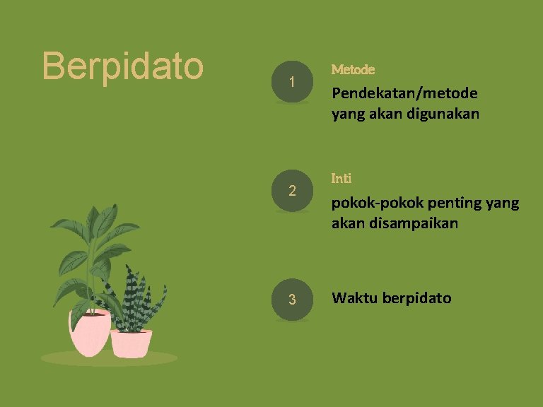 Berpidato 1 2 3 Metode Pendekatan/metode yang akan digunakan Inti pokok-pokok penting yang akan