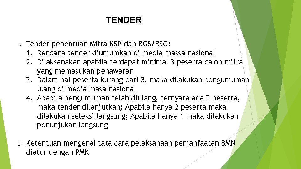 TENDER o Tender penentuan Mitra KSP dan BGS/BSG: 1. Rencana tender diumumkan di media