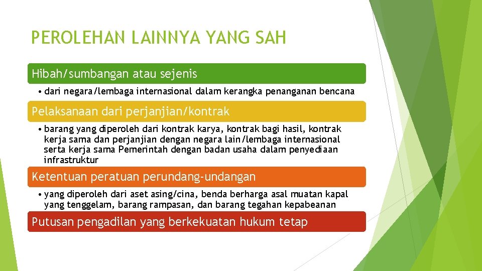 PEROLEHAN LAINNYA YANG SAH Hibah/sumbangan atau sejenis • dari negara/lembaga internasional dalam kerangka penanganan