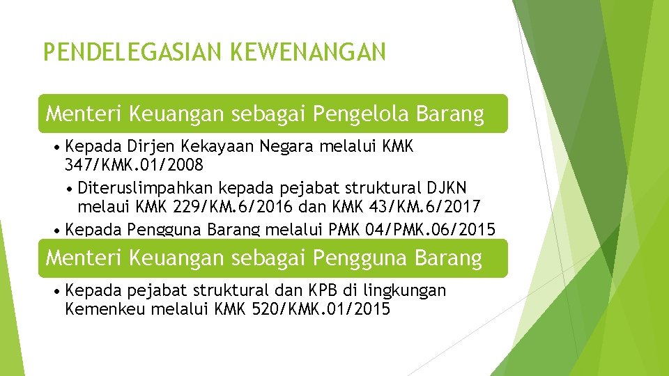 PENDELEGASIAN KEWENANGAN Menteri Keuangan sebagai Pengelola Barang • Kepada Dirjen Kekayaan Negara melalui KMK