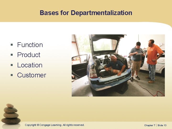 Bases for Departmentalization § § Function Product Location Customer Copyright © Cengage Learning. All