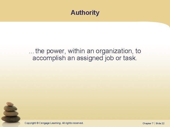 Authority …the power, within an organization, to accomplish an assigned job or task. Copyright