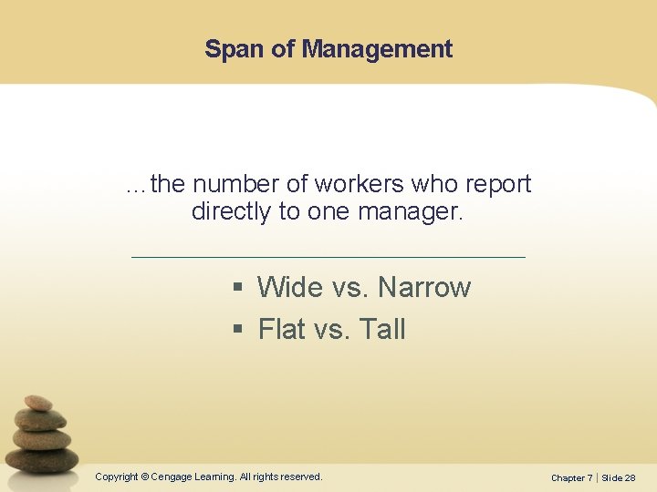 Span of Management …the number of workers who report directly to one manager. §