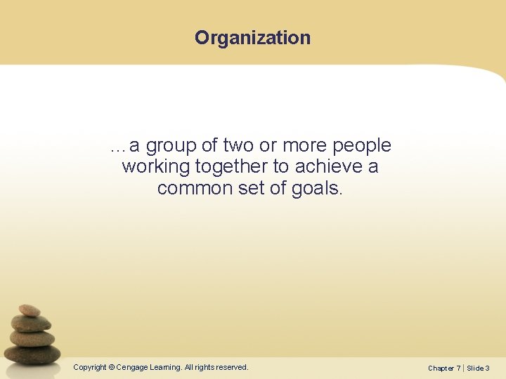 Organization …a group of two or more people working together to achieve a common