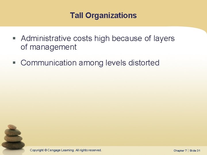 Tall Organizations § Administrative costs high because of layers of management § Communication among
