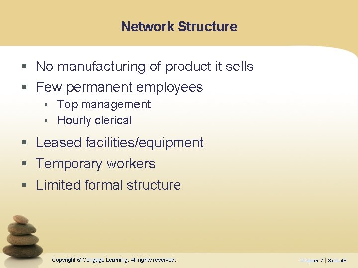 Network Structure § No manufacturing of product it sells § Few permanent employees •